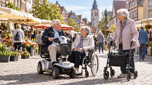 3 Senioren mit E-Mobil, Rollateor und Rollstuhl in der Stadt auf einem Stadtfest.