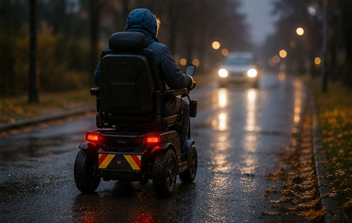 Fahrt mit einem E-Mobil auf dunklen, nassen Strassen.