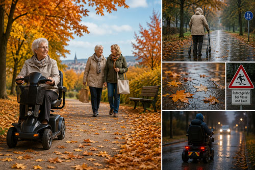 Seniorin mit E-Mobil auf herbstlichem Parkweg, ergänzt durch Motive von nassem Laub, Regen, Rollator und eingeschränkter Sicht bei schlechtem Wetter.