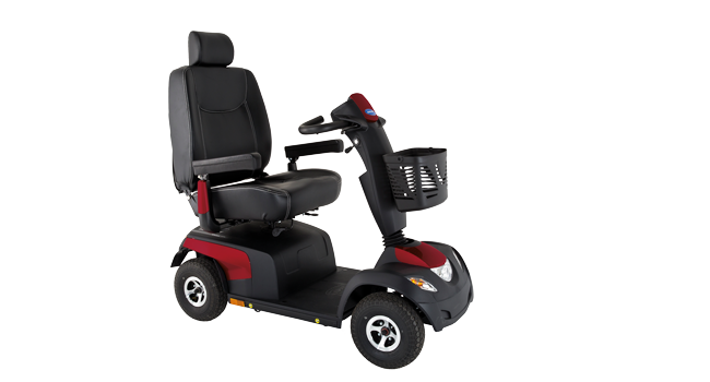 Das neue E-Mobil Comet Pro der Firma Invacare in rot/schwarz.