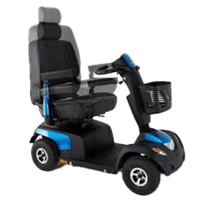 Das XXL-Modell COMET ULTRA der Firma Invacare in schwarz mit blau abgesetzten Akzenten mit höhenverstellbaren Sitz