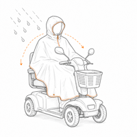 Skizze eines E-Mobils mit einer Person in ein Regencape gehüllt.