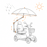 Skizze eines E-Mobils mit montiertem Schirm gegen Regen und starke Sonneneinstrahlung.
